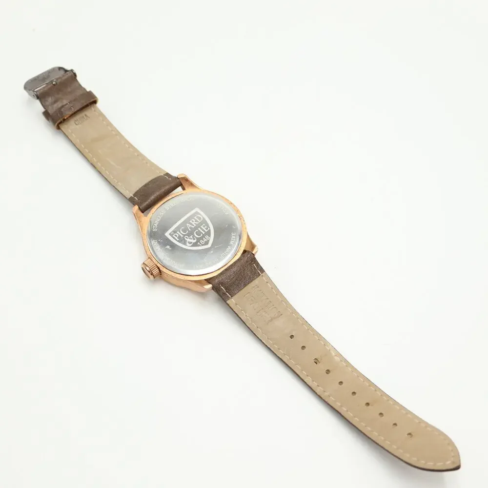 Picard & Cie Mens Blue Date 44mm Watch Rose Gold Tone Faux Leather w New Battery